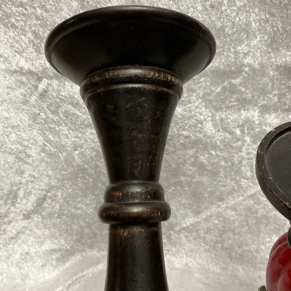 Lot of 2 Pillar Candle Holders, Red Ornate Glass Art Deco & Antiqued Brown Wood